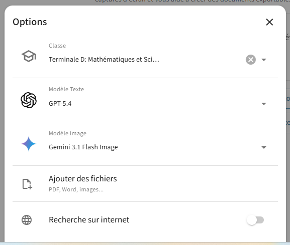 Feuille Options ouverte depuis le bas de l'écran avec les sections Classe, Modèle Texte, Modèle Image, Ajouter des fichiers et Recherche sur internet
