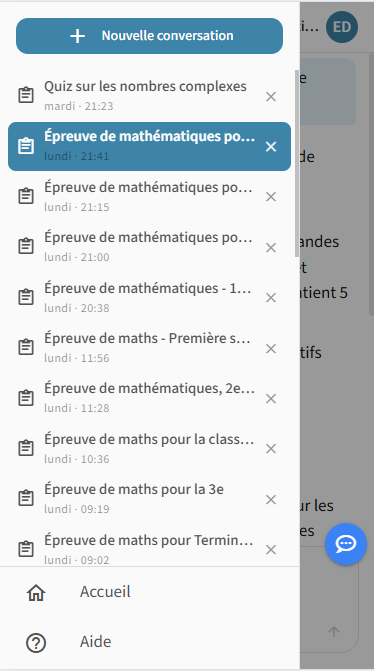 Panneau latéral ouvert en superposition avec la conversation active surlignée dans la liste
