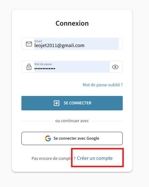 Bouton d'inscription depuis la page de connexion
