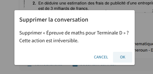 Boîte de dialogue Supprimer la conversation avec message de confirmation et boutons Annuler / OK