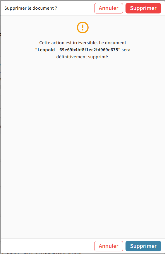 Boîte de dialogue de confirmation de suppression avec le nom du document et le bouton rouge Supprimer