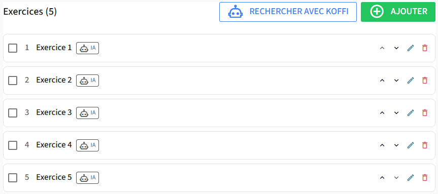 Liste d'exercices avec un exercice KOFFI et son badge IA