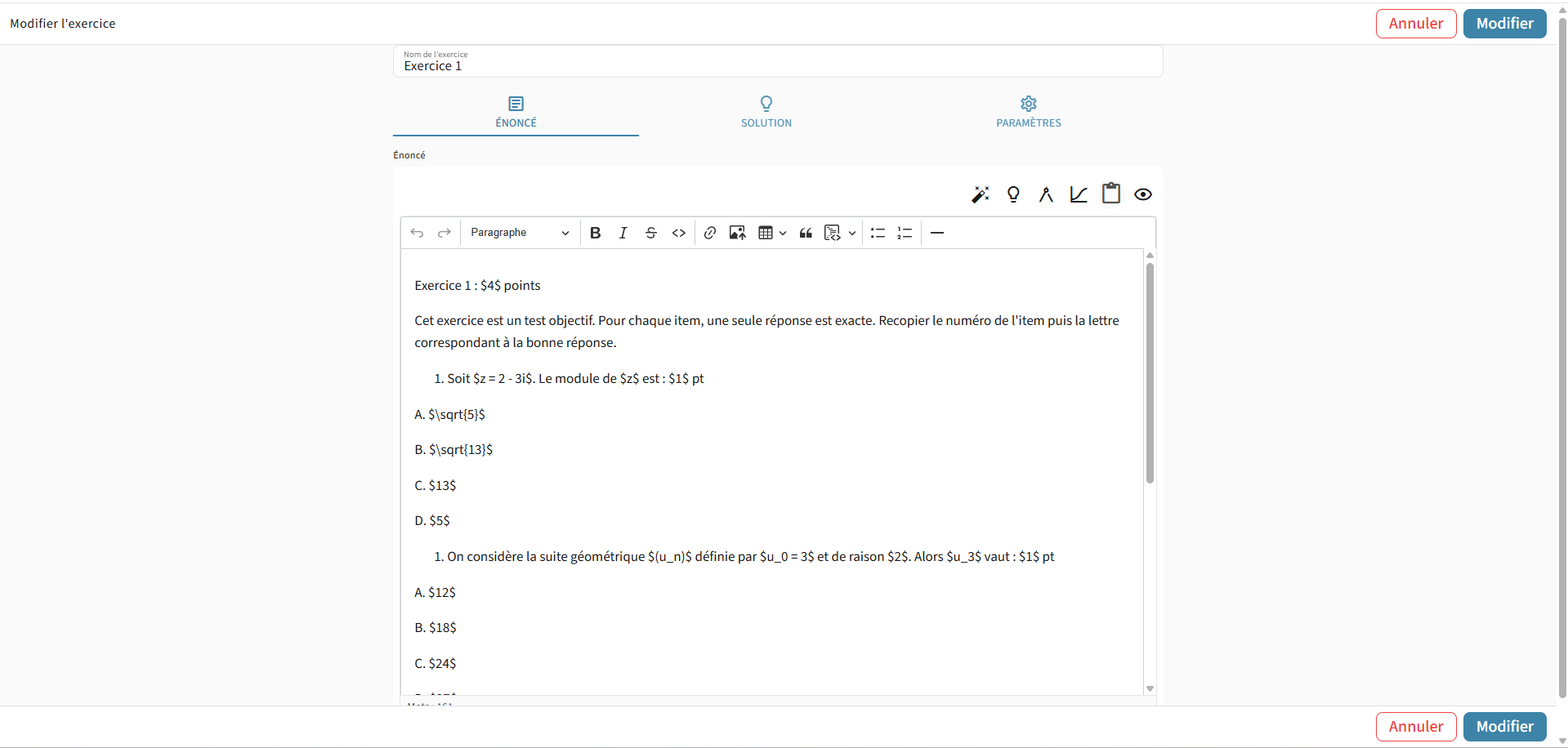 Fenêtre Nouvel exercice avec les trois onglets Énoncé, Solution, Paramètres