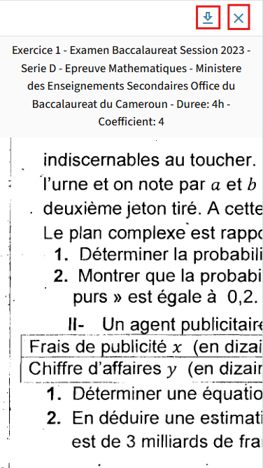 Visionneuse d'image plein écran avec titre, image d'exercice et boutons Télécharger et Fermer