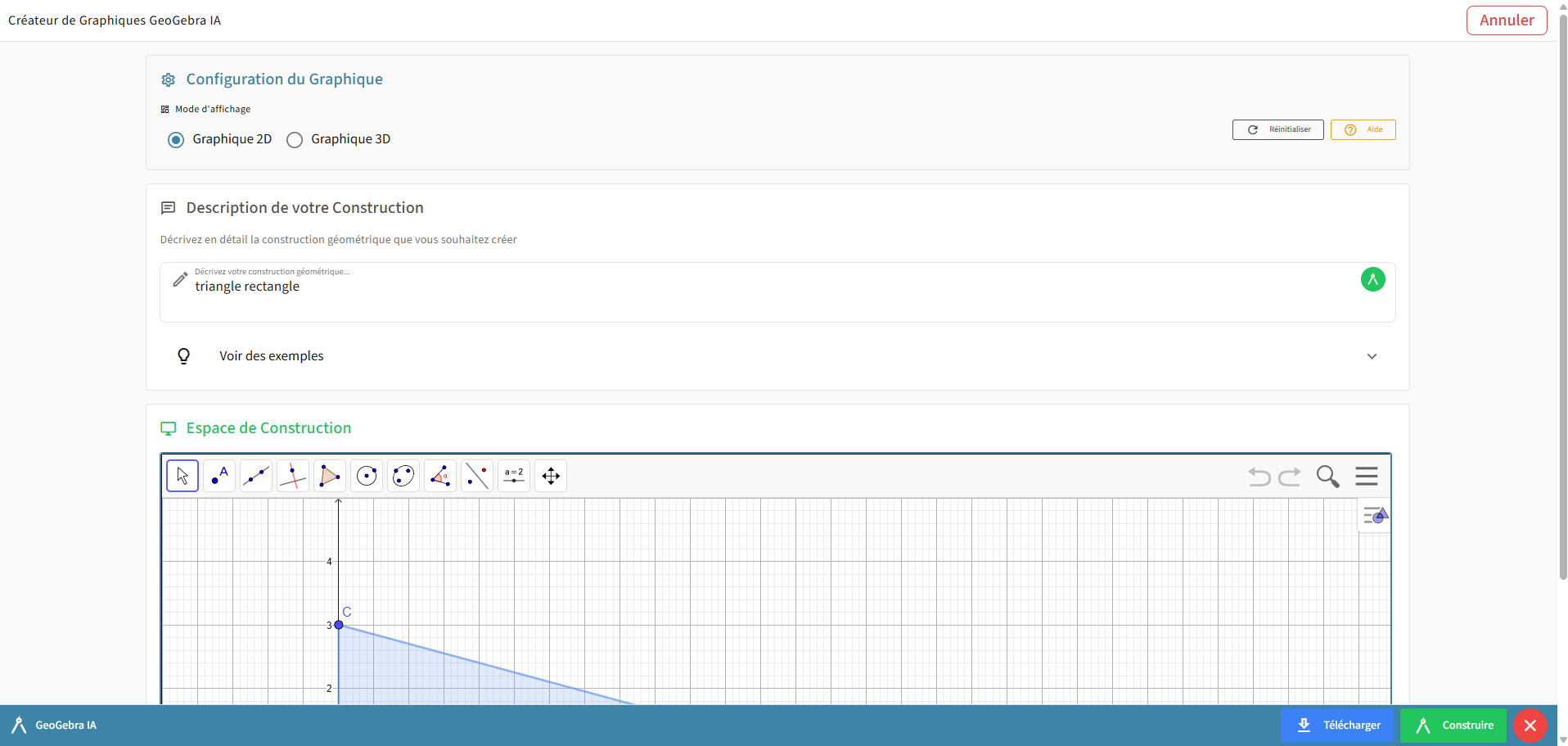 Fenêtre GeoGebra avec mode 2D sélectionné et description saisie