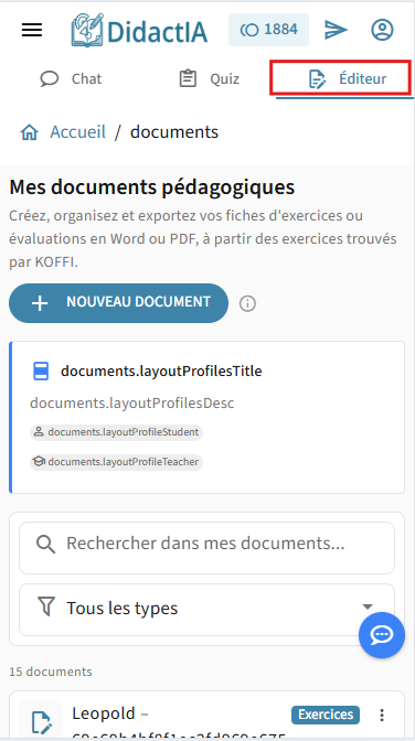 Trois étapes clés : bouton Nouveau document, liste des documents, menu d'actions