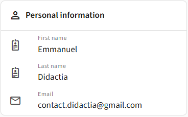 Bloc Informations personnelles affichant prénom, nom et adresse e-mail