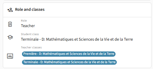 Bloc Rôle et classes pour un enseignant avec deux classes en pastilles