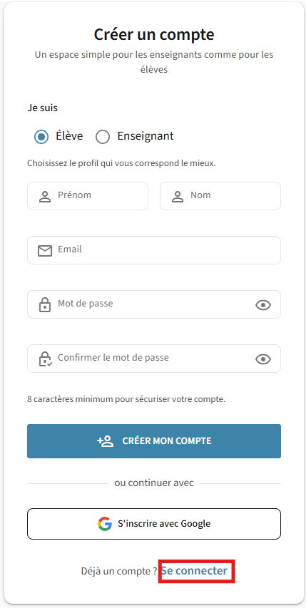 Bouton de connexion depuis la page d'inscription