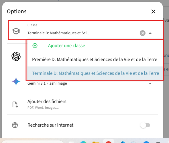 Liste déroulante Classe déployée avec l'entrée Ajouter une classe en vert et deux classes d'exemple