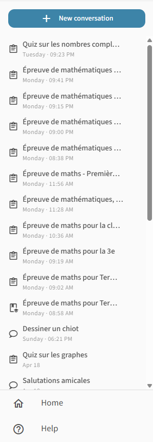 Panneau latéral gauche avec le bouton Nouvelle conversation, une liste de conversations avec icônes et dates, et les raccourcis Accueil et Aide en pied de panneau