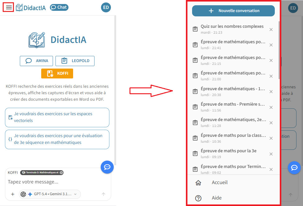Vue navigateur mobile avec le bouton de menu en haut à gauche et le champ de saisie en barre fixe en bas de l'écran